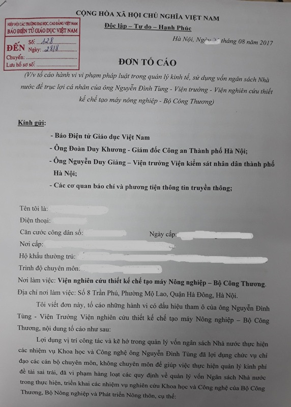 Đơn tố cáo ông Nguyễ Đình Tùng, Viện trưởng Viện RIAM vi phạm pháp luật trong quản lý kinh tế, sử dụng vốn ngân sách Nhà nước để trục lợi cá nhân. Ảnh Trần Việt.
