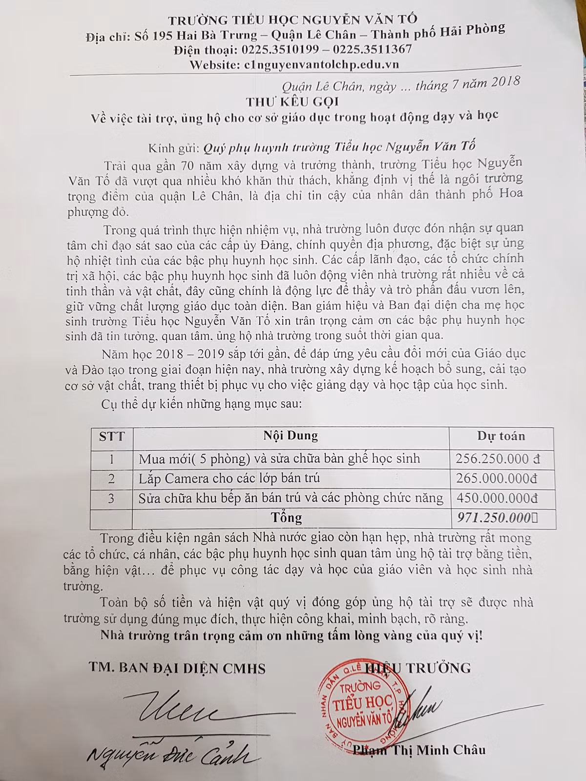 Thư kêu gọi tài trợ của Trường Tiểu học Nguyễn Văn Tố (Ảnh: Lã Tiến)
