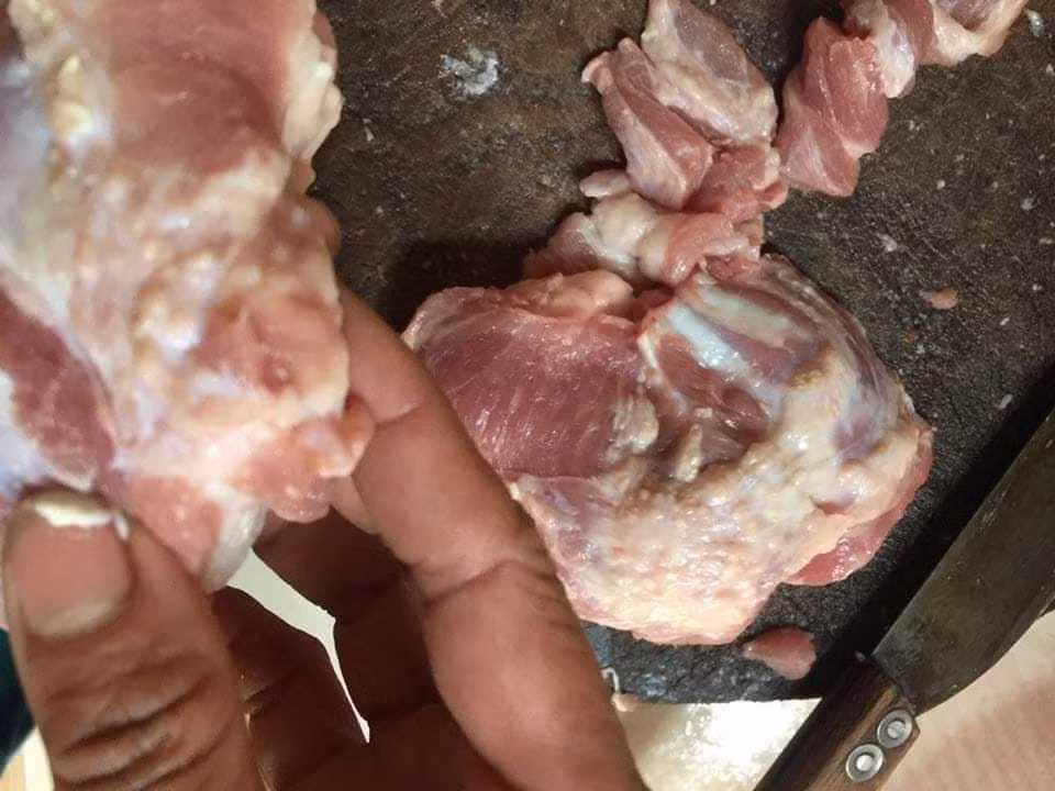 Hình ảnh rùng rợn thịt có dấu hiệu bất thường nghi bị nhiễm sán gạo được chế biến cho gần 600 học sinh Trường mầm non Thanh Khương gây phẫn nộ dư luận. Ảnh: NVCC.
