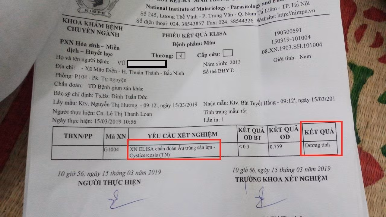 Một trường hợp xã Mão Điền dương tính với ấu trùng sán lợn. Ảnh: V.P.