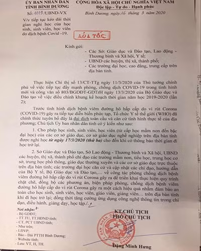 Văn bản 1119 của Ủy ban nhân dân tỉnh Bình Dương ký ngày 16/3/2020 (ảnh: P.L)