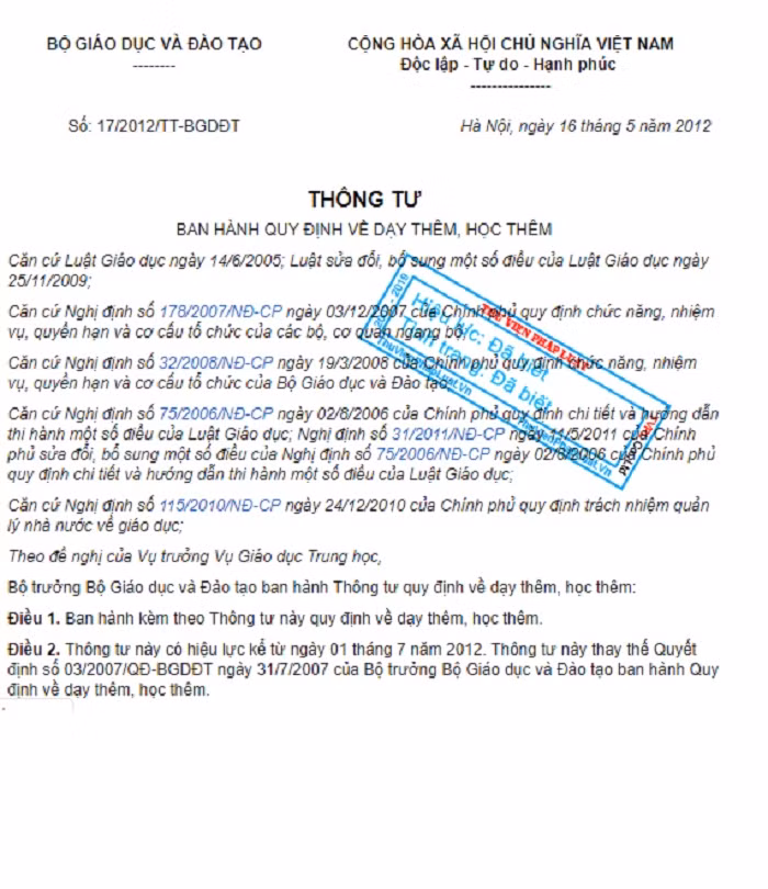 Thông tư 17/2012:Quy định về dạy thêm, học thêm (Ảnh:V.N)