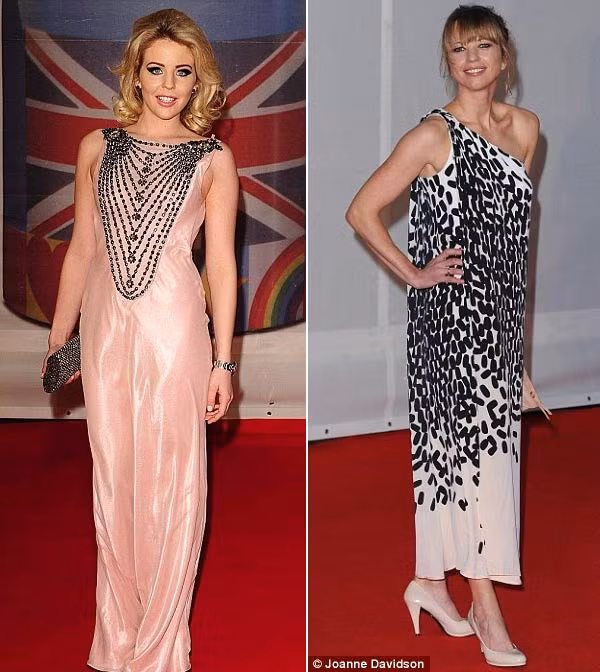 Lydia Bright nhạt nhòa với chiếc váy hồng được trang trí bằng một chuỗi hạt đen phía trước, trong khi DJ Sara Cox mất dáng với chiếc váy rộng lùng bùng.