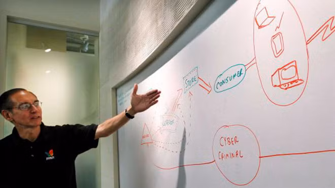 Ông David Anselmi, giám đốc cao cấp của bộ phận điều tra tội phạm máy tính Microsoft, chỉ ra sơ đồ phát tán mã độc Nitol - Ảnh: THOMPSON/AP Ông David Anselmi, giám đốc cao cấp của bộ phận điều tra tội phạm máy tính Microsoft, chỉ ra sơ đồ phát tán mã độc Nitol - Ảnh: THOMPSON/AP