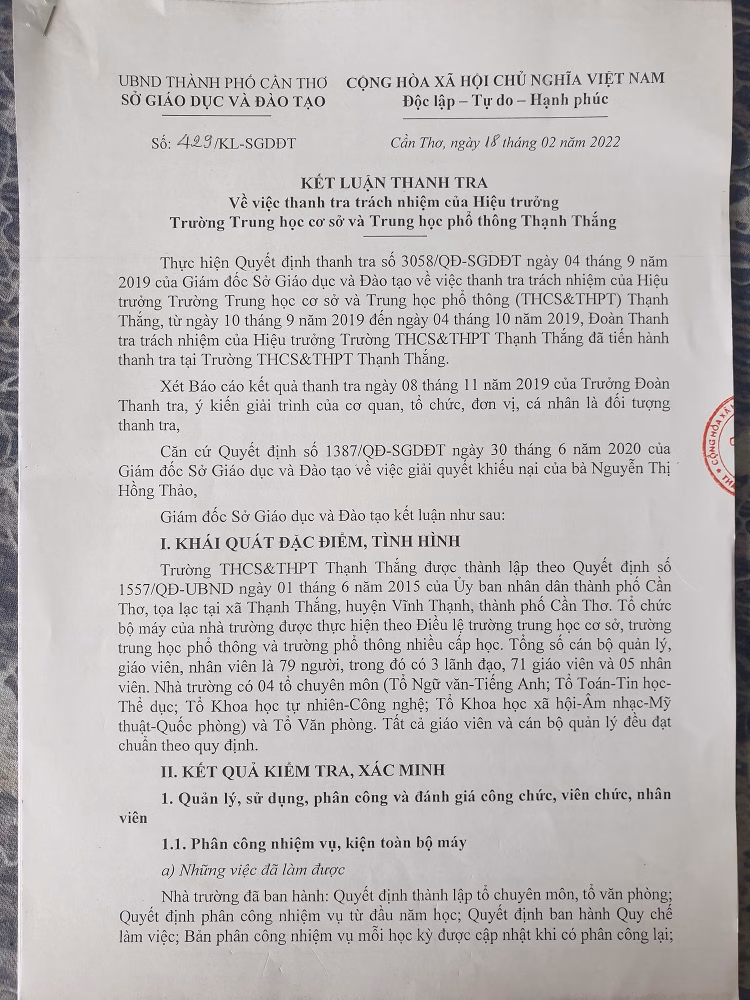 Trích kết luận 429 của Giám đốc Sở Giáo dục và Đào tạo thành phố Cần Thơ ký (ảnh: P.L)