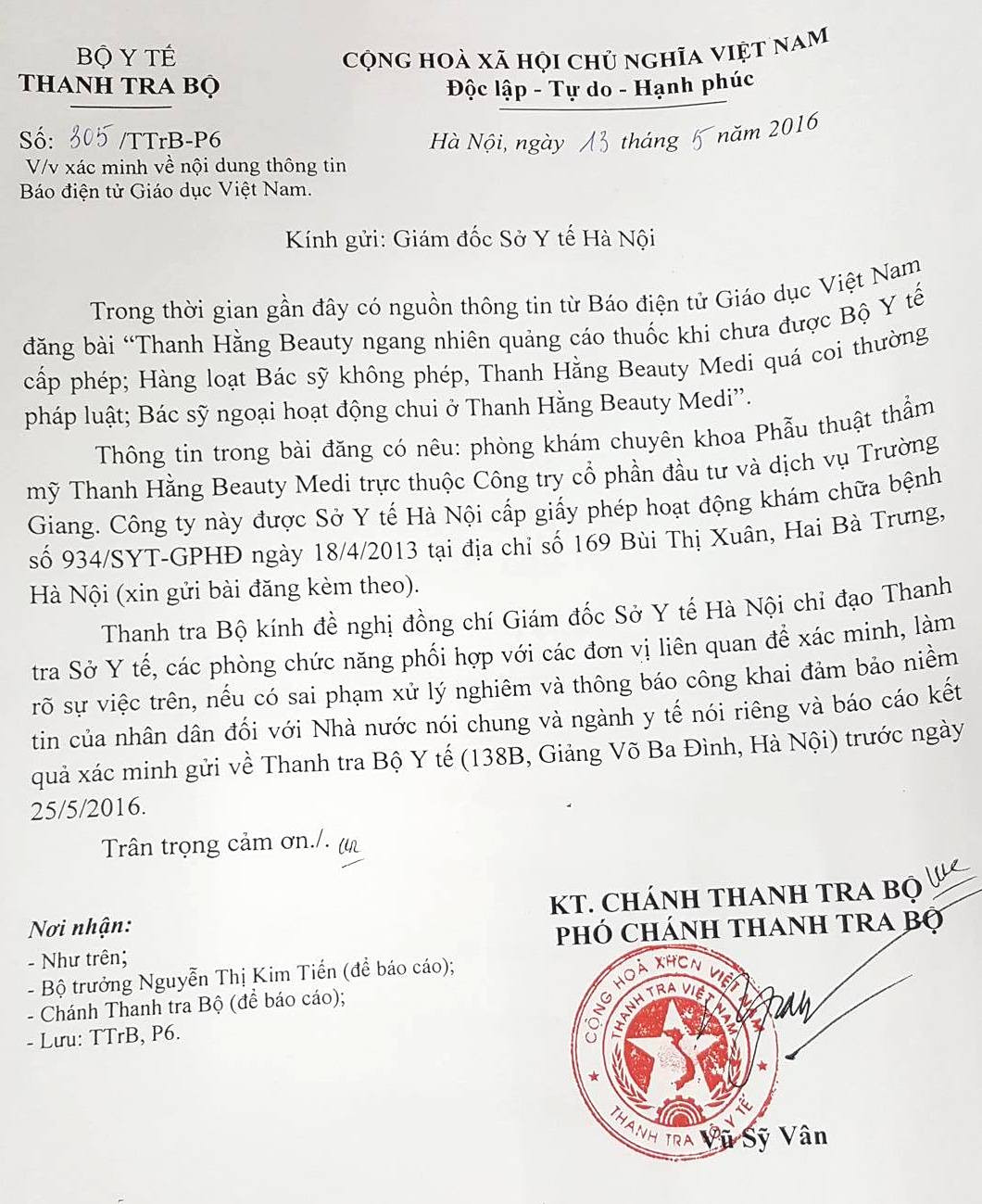 Văn bản của Thanh tra Bộ Y tế đề nghị Sở Y tế Hà Nội vào cuộc "xử lý nghiêm" thẩm mỹ viện Thanh Hằng beauty Medi. Văn bản của Thanh tra Bộ Y tế đề nghị Sở Y tế Hà Nội vào cuộc "xử lý nghiêm" thẩm mỹ viện Thanh Hằng beauty Medi.
