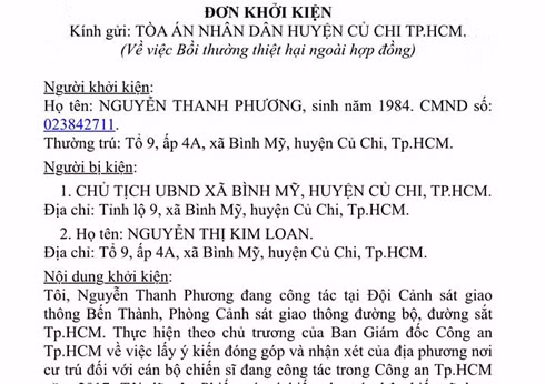 Đơn khởi kiện của Thượng úy Nguyễn Thanh Phương. (Ảnh: H.L)