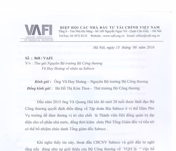 Văn bản của Hiệp hội các nhà đầu tư Tài chính (VAFI) gửi nguyên Bộ trưởng Công Thương Vũ Huy Hoàng và Thứ trưởng Hồ Thị Kim Thoa.