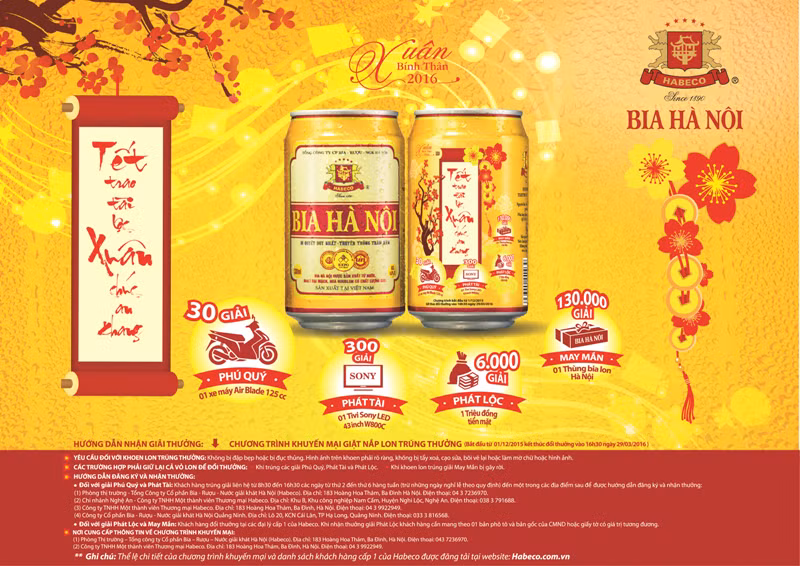 “Tết trao tài lộc – Xuân chúc an khang 2016” là chương trình khuyến mại có tổng giá trị giải thưởng lớn nhất trong năm của HABECO dành cho các khách hàng yêu mến và tin dùng sản phẩm bia Hà Nội.
