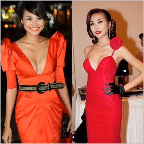 Vẻ đài các và sang trọng của Thanh Hằng được tôn lên toàn vẹn với những bộ trang phục gam màu nóng này. Cô thường xuyên kết hợp với màu môi đỏ cùng tông để tăng phần quyến rũ.