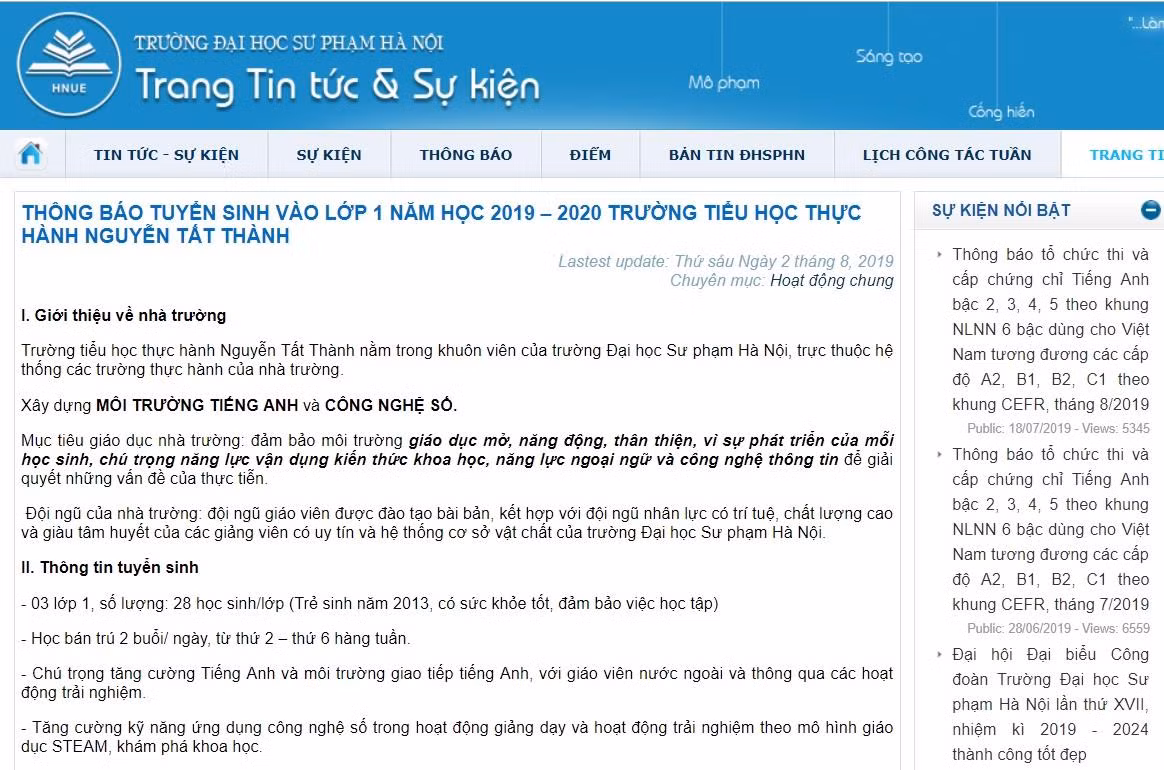 Thông tin tuyển sinh vào lớp 1 đăng trên website của Trường Đại học Sư phạm Hà Nội. Ảnh chụp màn hình. Thông tin tuyển sinh vào lớp 1 đăng trên website của Trường Đại học Sư phạm Hà Nội. Ảnh chụp màn hình.
