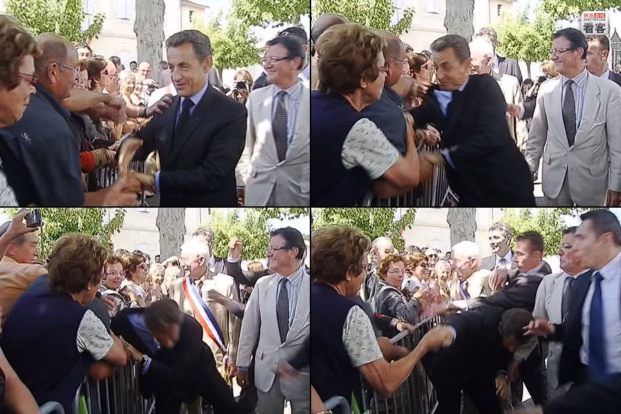 Ngày 30/6/2011 Tổng thống Pháp Nicolas Sarkozy tiếp xúc cử tri tại thành phố Brax đã bị một người quá khích túm cổ và đấm cho ngã nhào Ngày 30/6/2011 Tổng thống Pháp Nicolas Sarkozy tiếp xúc cử tri tại thành phố Brax đã bị một người quá khích túm cổ và đấm cho ngã nhào