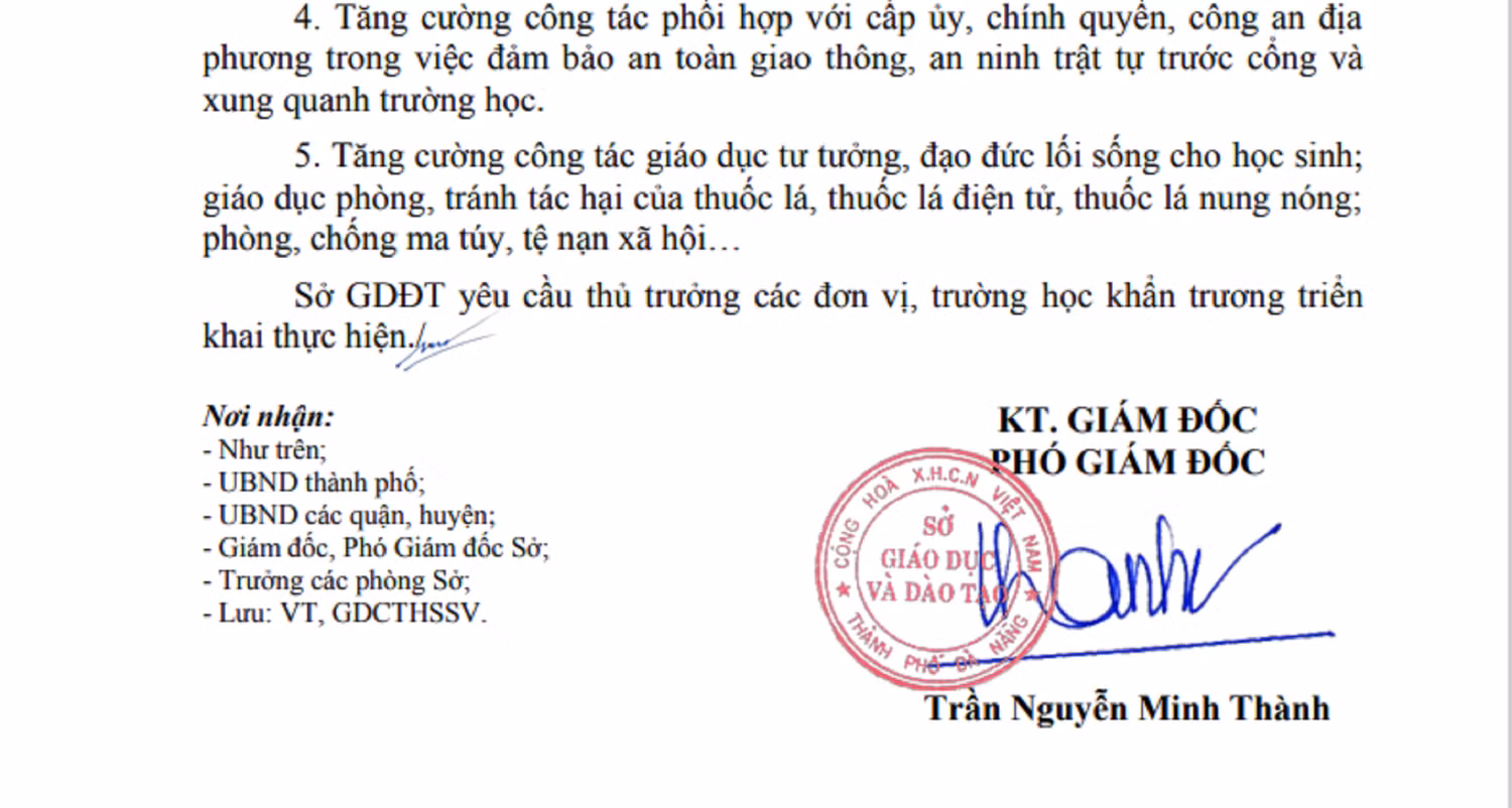 Công văn ngày 15/3 của Sở Giáo dục và Đào tạo Đà Nẵng yêu cầu các trường học tăng cường các biện pháp đảm bảo an ninh. Ảnh: AN