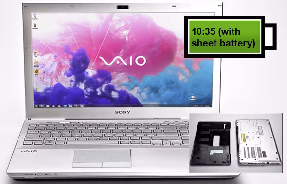 Sony VAIO SE Tấm pin ngoài của VAIO SE có giá khá đắt, lên tới 150 USD (giá bán khởi điểm của máy là 929 USD). Bù lại, người dùng có thể sử dụng máy trong 10 tiếng 35 phút. Điểm nổi bật nữa của sản phẩm là nó có màn hình độ phân giải cực cao, 1920 x 1080 pixel.