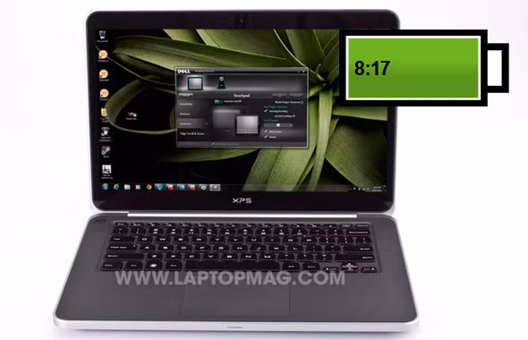 Dell XPS 14 Đây là một trong những ultrabook "cơ bắp" nhất hiện nay. Máy nặng 2,1 kg. Tuy nhiên, nặng thêm 1 chút đôi khi lại mang lại những giá trị tuyệt vời. XPS 14 cho thời lượng pin ấn tượng 8 tiếng 14 phút, đánh bại gần như các model ultrabook khác trên thị trường hiện nay về thời lượng pin.