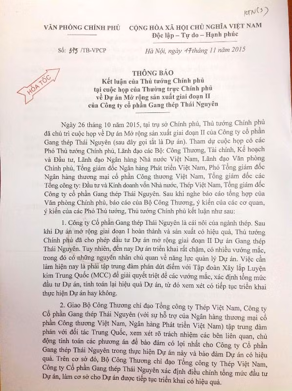Thông báo Kết luận của Thủ tướng Chính phủ về Dự án mở rộng của Công ty CP Gang thép Thái Nguyên.