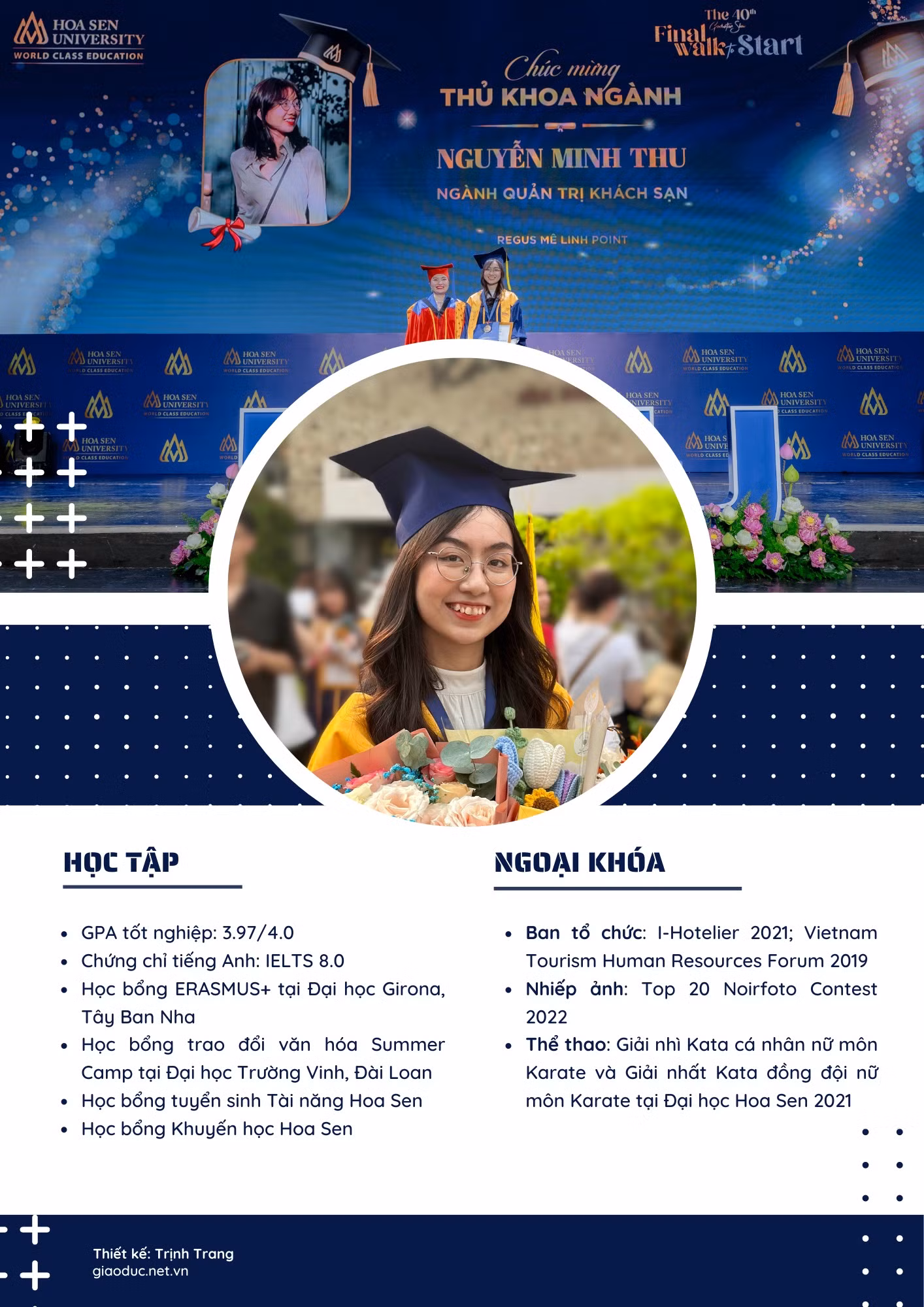 Tân thủ khoa Nguyễn Minh Thu và một số thành tích nổi bật. Ảnh: Nhân vật cung cấp, Thiết kế: Trịnh Trang. Tân thủ khoa Nguyễn Minh Thu và một số thành tích nổi bật. Ảnh: Nhân vật cung cấp, Thiết kế: Trịnh Trang.