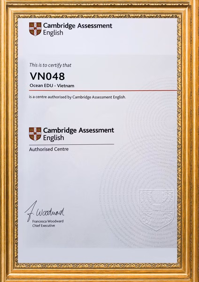 Ocean Edu được công nhận là đơn vị tổ chức khảo thí và cấp chứng chỉ Cambridge quốc tế với mã số VN048. Ocean Edu được công nhận là đơn vị tổ chức khảo thí và cấp chứng chỉ Cambridge quốc tế với mã số VN048.