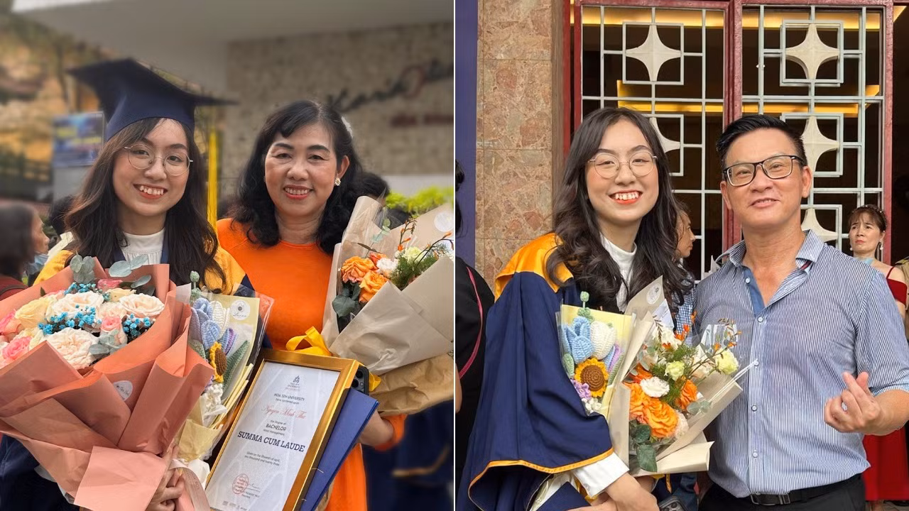 Minh Thu cùng mẹ (ảnh trái) và Thạc sĩ Trần Việt Vương (ảnh phải) trong ngày tốt nghiệp. Ảnh: Nhân vật cung cấp Minh Thu cùng mẹ (ảnh trái) và Thạc sĩ Trần Việt Vương (ảnh phải) trong ngày tốt nghiệp. Ảnh: Nhân vật cung cấp