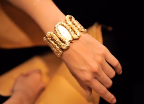Nữ ca sĩ nhạc rock khoe món phụ kiện hàng hiệu có kiểu dáng hình con rắn độc đáo. Cô vui vẻ cho biết trị giá của chiếc đồng hồ gần 30 triệu đồng.
