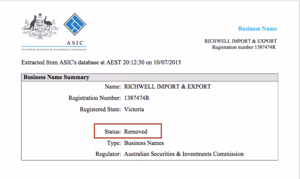 Công ty Richwell Import & Export (đứng chủ sở hữu là một người Việt Nam) đã bị xoá tên trong hệ thống các công ty đăng ký tại Úc. Công ty Richwell Import & Export (đứng chủ sở hữu là một người Việt Nam) đã bị xoá tên trong hệ thống các công ty đăng ký tại Úc.