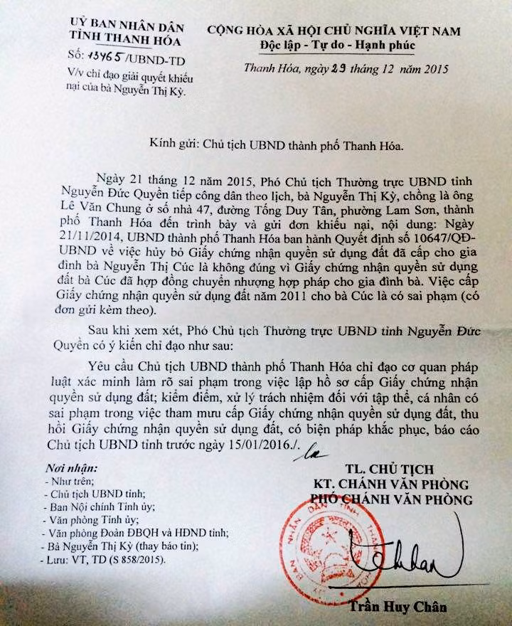 Công văn chỉ đạo của UBND tỉnh Thanh Hóa vụ " "một địa chỉ đất cấp 02 Giấy chứng nhận quyền sử dụng đất".(Ảnh: QUỐC TOẢN).
