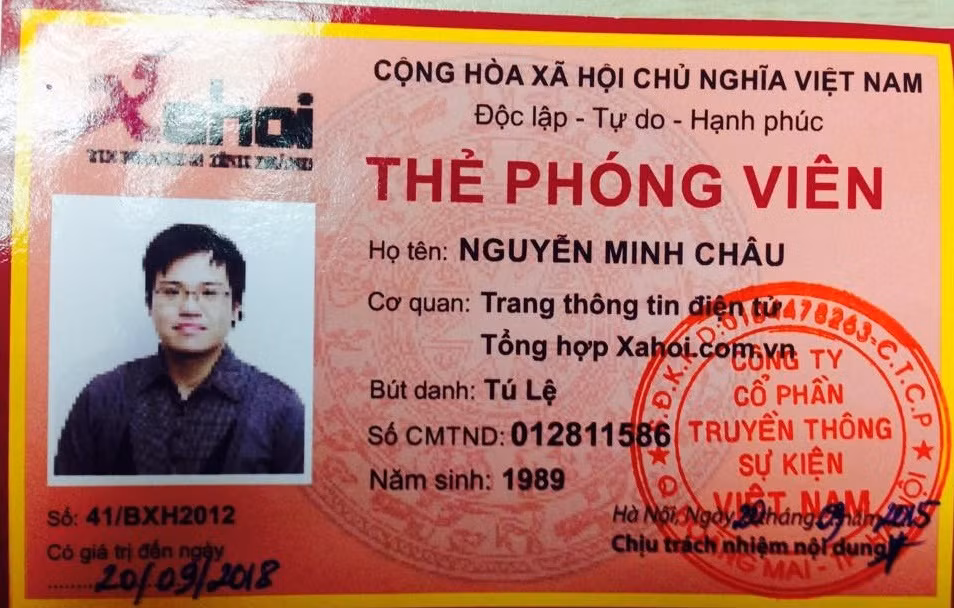 Một Thẻ phóng viên được cho là cấp từ chủ quản trang xahoi.com.vn, thời hạn đến tận năm 2018.