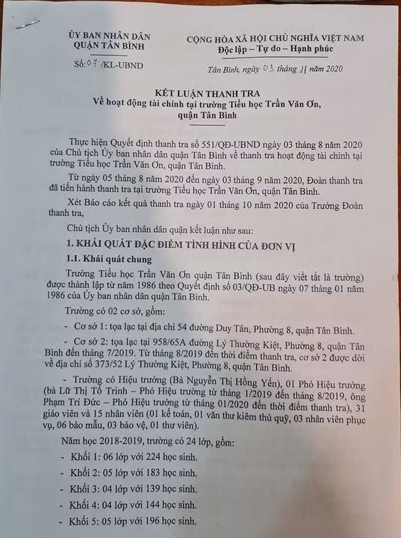 Trích kết luận thanh tra số 07 do Chủ tịch Ủy ban nhân dân quận Tân Bình ký (ảnh: P.L)