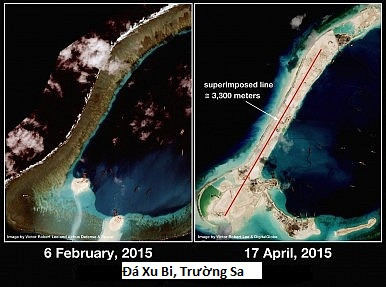 Chỉ trong vài tuần lễ, Trung Quốc đã xây dựng một đường băng bất hợp pháp trên đá Xu Bi nằm trong quần đảo Trường Sa, thuộc chủ quyền Việt Nam. Chỉ trong vài tuần lễ, Trung Quốc đã xây dựng một đường băng bất hợp pháp trên đá Xu Bi nằm trong quần đảo Trường Sa, thuộc chủ quyền Việt Nam.