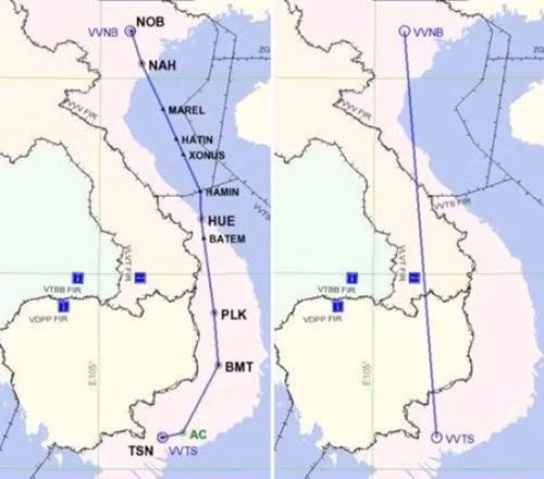 So sánh đường bay thẳng (hình bên phải) và đường bay hiện nay (hình trái)