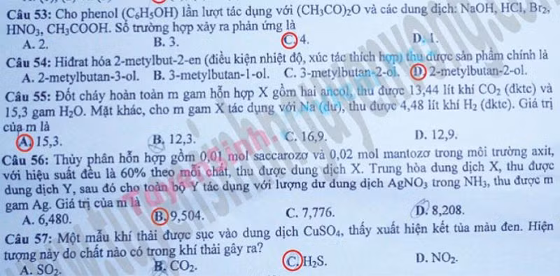 ĐÁP ÁN MÔN TOÁN KHỐI B 2012 - ĐÁP ÁN ĐH MÔN SINH KHỐI B 2012