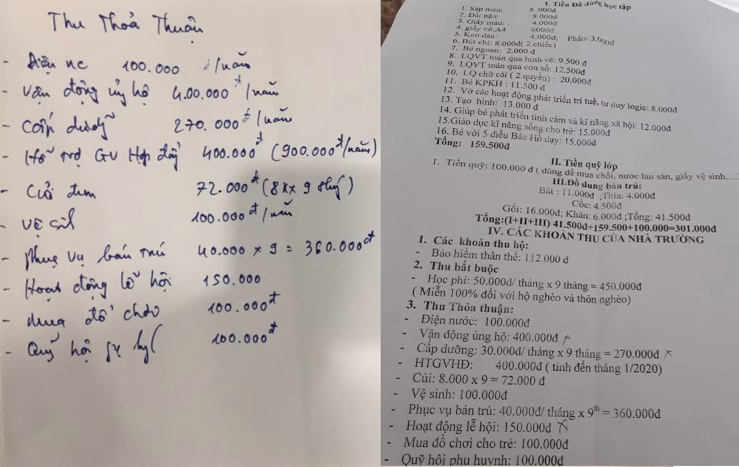 Nhiều khoản thu của Trường mầm non Đông Khê (bên trái) và Trường tiểu học Đông Khê khiến phụ huynh bức xúc. Ảnh: NVCC.