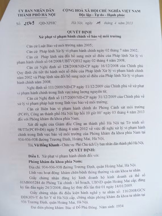 Quyết định2549 của UBND TP Hà Nội về xử phạt phòng khám đa khoa phía Nam địa chỉ 934 – 936 – 938 Trương Định (Hoàng Mai, Hà Nội)