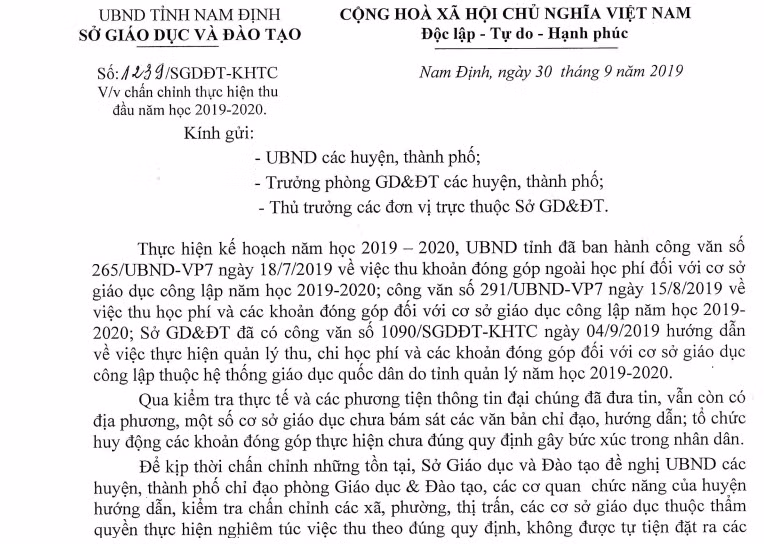 Sở Giáo dục tỉnh Nam Định có công văn chấn chỉnh tình trạng lạm thu (Ảnh:V.N) Sở Giáo dục tỉnh Nam Định có công văn chấn chỉnh tình trạng lạm thu (Ảnh:V.N)