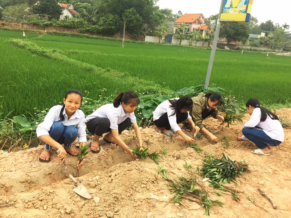 Học sinh thực hành trồng hoa, cây cảnh tại ven đường góp phần xây dựng nông thôn mới tại thôn Tân Tiến, xã Lê Lợi. (Ảnh: CTV)