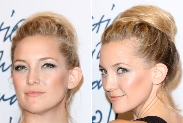 Kate Hudson tự tin và kiêu hãnh với mái tóc búi cao đỉnh đầu.