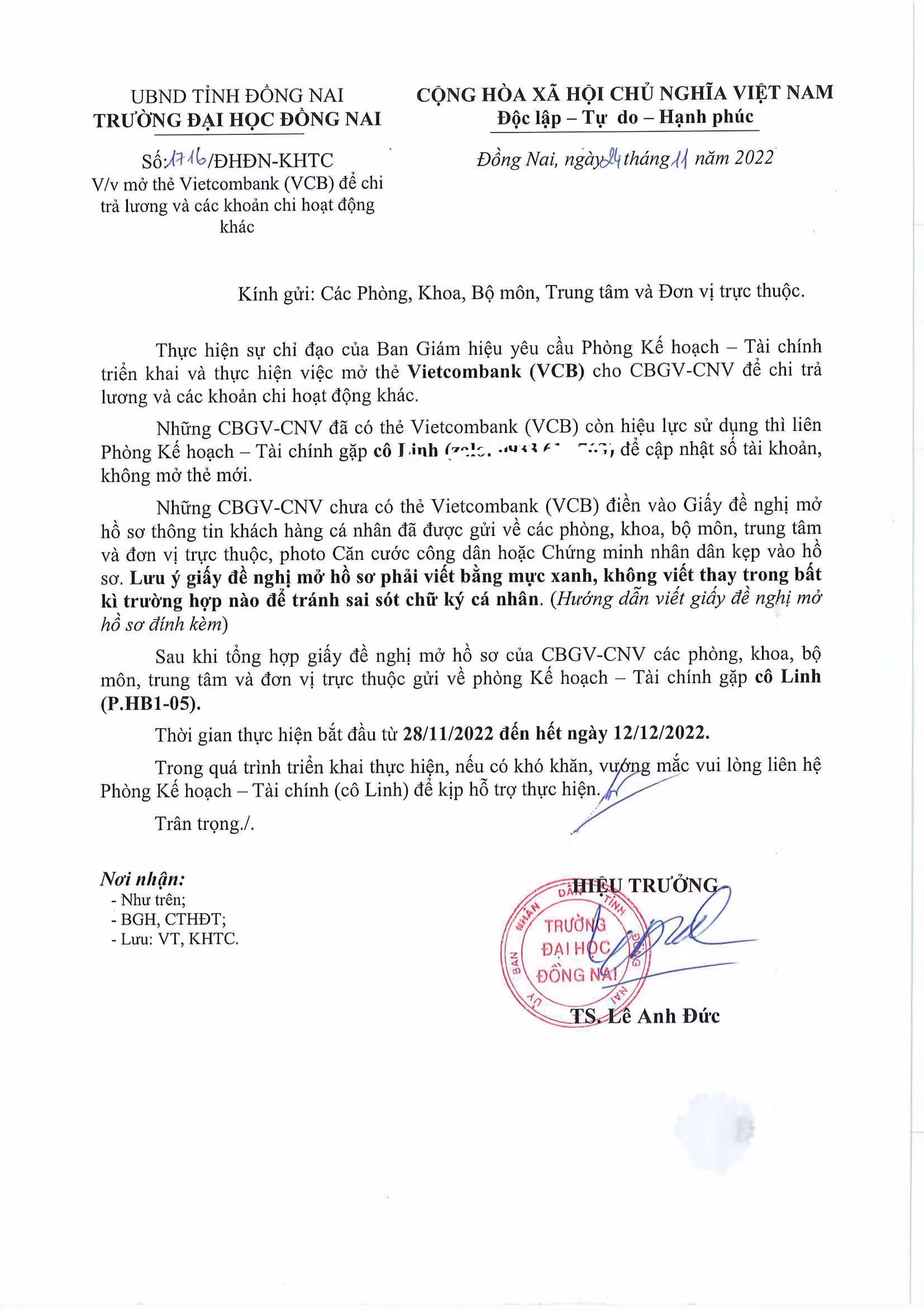 Văn bản của Trường Đại học Đồng Nai. Ảnh Bạn đọc cung cấp