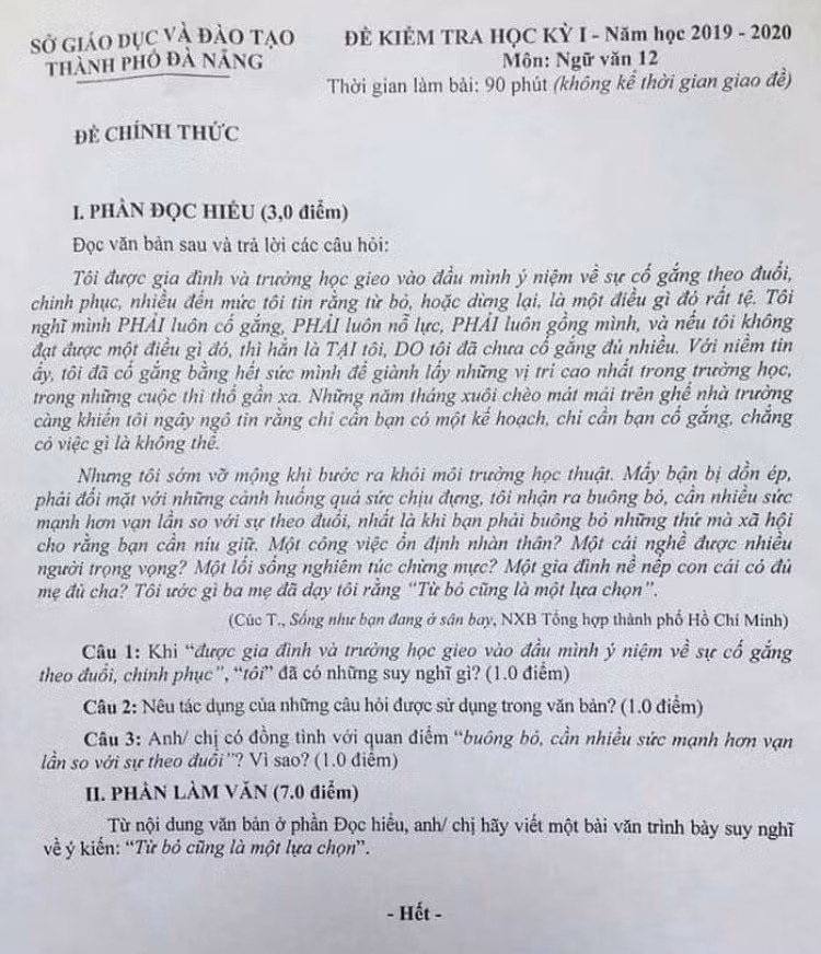 Đề kiểm tra học kì môn Ngữ văn 12 của Sở Giáo dục và Đào tạo Thành phố Đà Nẵng. (Ảnh: Cao Nguyên) Đề kiểm tra học kì môn Ngữ văn 12 của Sở Giáo dục và Đào tạo Thành phố Đà Nẵng. (Ảnh: Cao Nguyên)