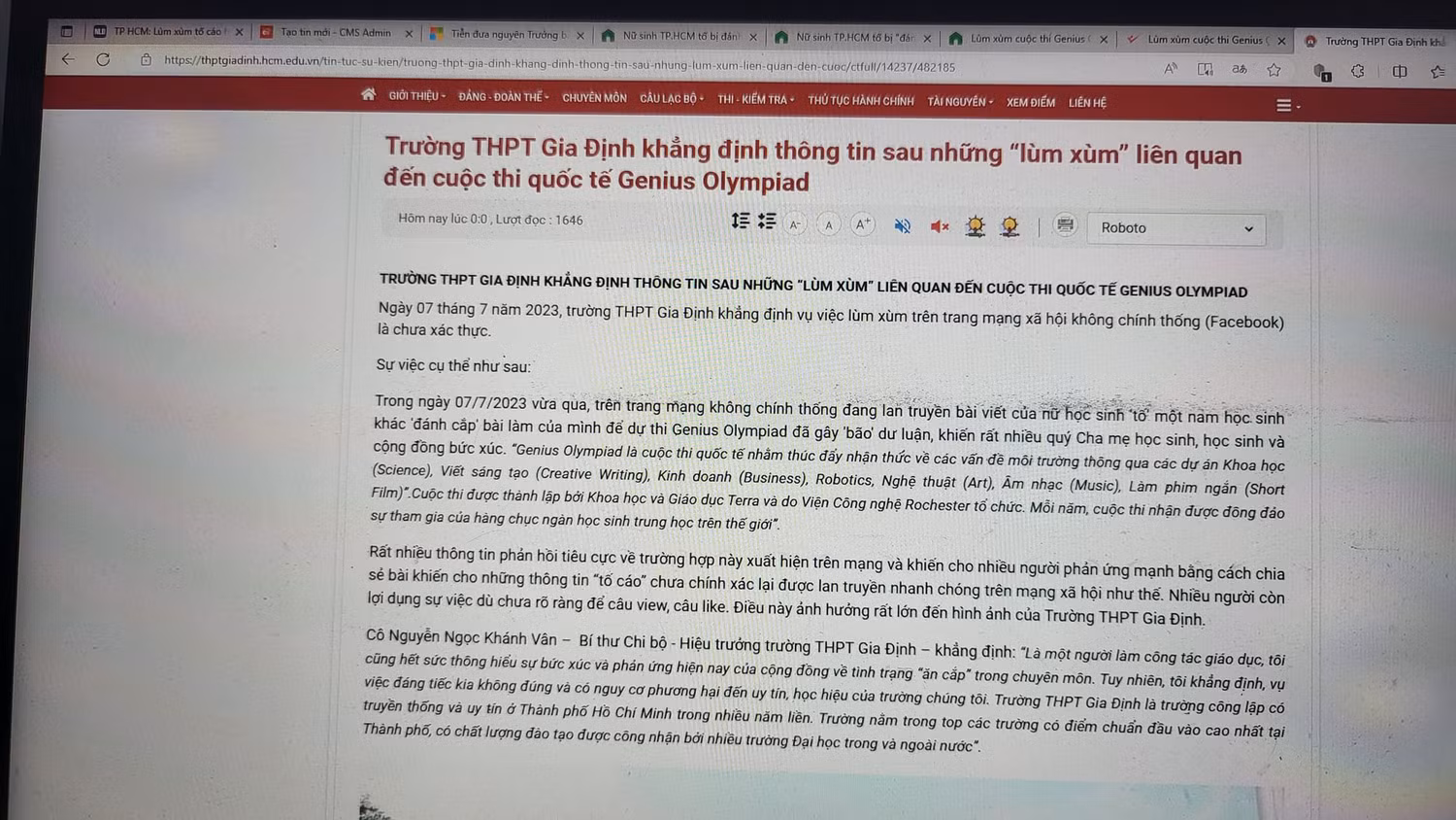 Thông tin bài viết trên website của nhà trường (ảnh chụp màn hình)