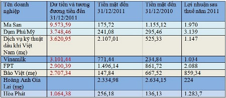 Các doanh nghiệp giàu tiền mặt (đơn vị: tỷ đồng) Các doanh nghiệp giàu tiền mặt (đơn vị: tỷ đồng)