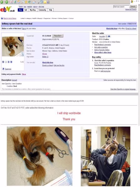 Năm 2007, sau khi ca sĩ Britney Spears cạo đầu, những lọn tóc của cô được bán trên eBay với giá 1 triệu USD. Salon tóc nơi Britney cạo đầu còn rao bán thêm cả chiếc tông đơ hiệu Omega dùng để cạo đầu và cả lon Red Bulll mà ca sĩ này uống lúc đó. Một thời gian sau trên eBay đã tràn ngập các dịch vụ bán tóc Britney, tất nhiên chúng là tóc giả. Năm 2007, sau khi ca sĩ Britney Spears cạo đầu, những lọn tóc của cô được bán trên eBay với giá 1 triệu USD. Salon tóc nơi Britney cạo đầu còn rao bán thêm cả chiếc tông đơ hiệu Omega dùng để cạo đầu và cả lon Red Bulll mà ca sĩ này uống lúc đó. Một thời gian sau trên eBay đã tràn ngập các dịch vụ bán tóc Britney, tất nhiên chúng là tóc giả.