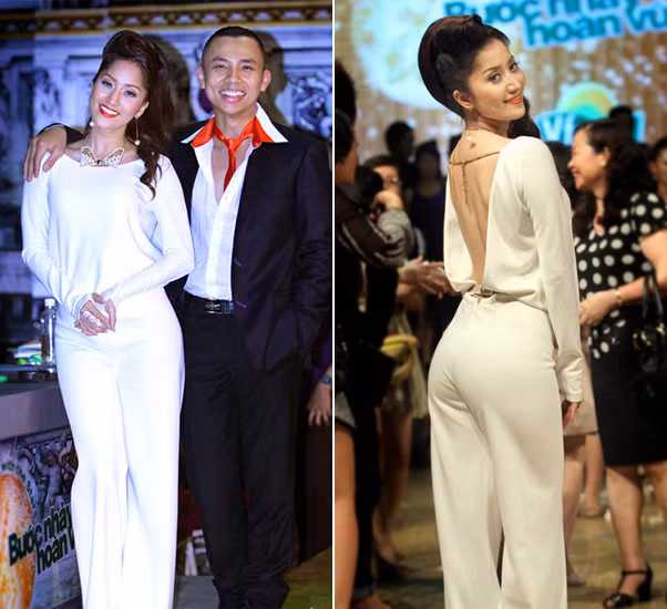 Khánh Thi đang diện mẫu jumpsuits của nhà thiết kế Hoàng Ngân, mặt trước của bộ cánh nhìn hơi bí và nặng nề nhưng phần sau trông lại rất gợi cảm và đẹp mắt.