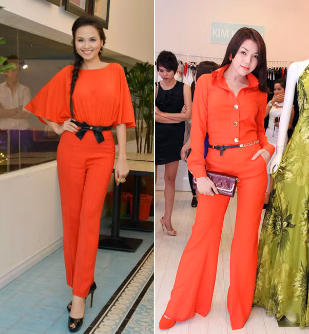 Jumpsuits màu đỏ rất dễ tạo cảm giác đồng bóng, lòe loẹt nếu có kiểu dáng phức tạp, trong trường hợp của 2 chân dài này, Diễm Hương nằm ở diện "cảnh báo" còn Trà Ngọc Hằng đã đạt ngưỡng "chuối, sến" với quá nhiều màu đỏ.