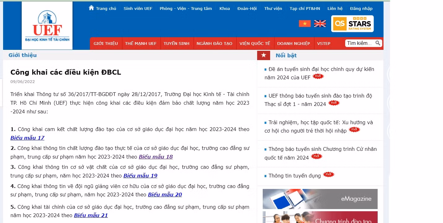 Website Trường Đại học Kinh tế - Tài chính Thành phố Hồ Chí Minh chỉ hiển thị duy nhất báo cáo 3 công khai năm học 2023-2024. Ảnh chụp màn hình.