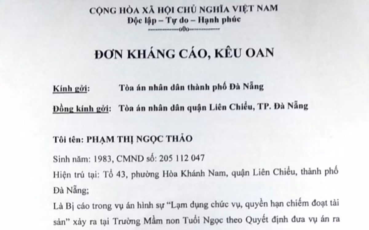Đơn kháng cáo kêu oan của cô Thảo. Ảnh: TT Đơn kháng cáo kêu oan của cô Thảo. Ảnh: TT