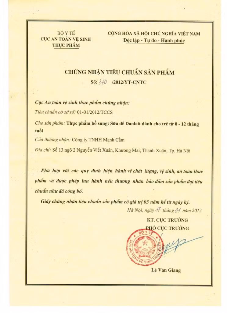 Giấy chứng nhận tiêu chuẩn của Bộ Y tế cho sản phẩm sữa Danlait do Công ty Mạnh Cầm nhập khẩu và phân phối.