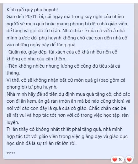 Một tin nhắn không nhận quà tặng của một giáo viên gửi cho phụ huynh (Ảnh P.T)