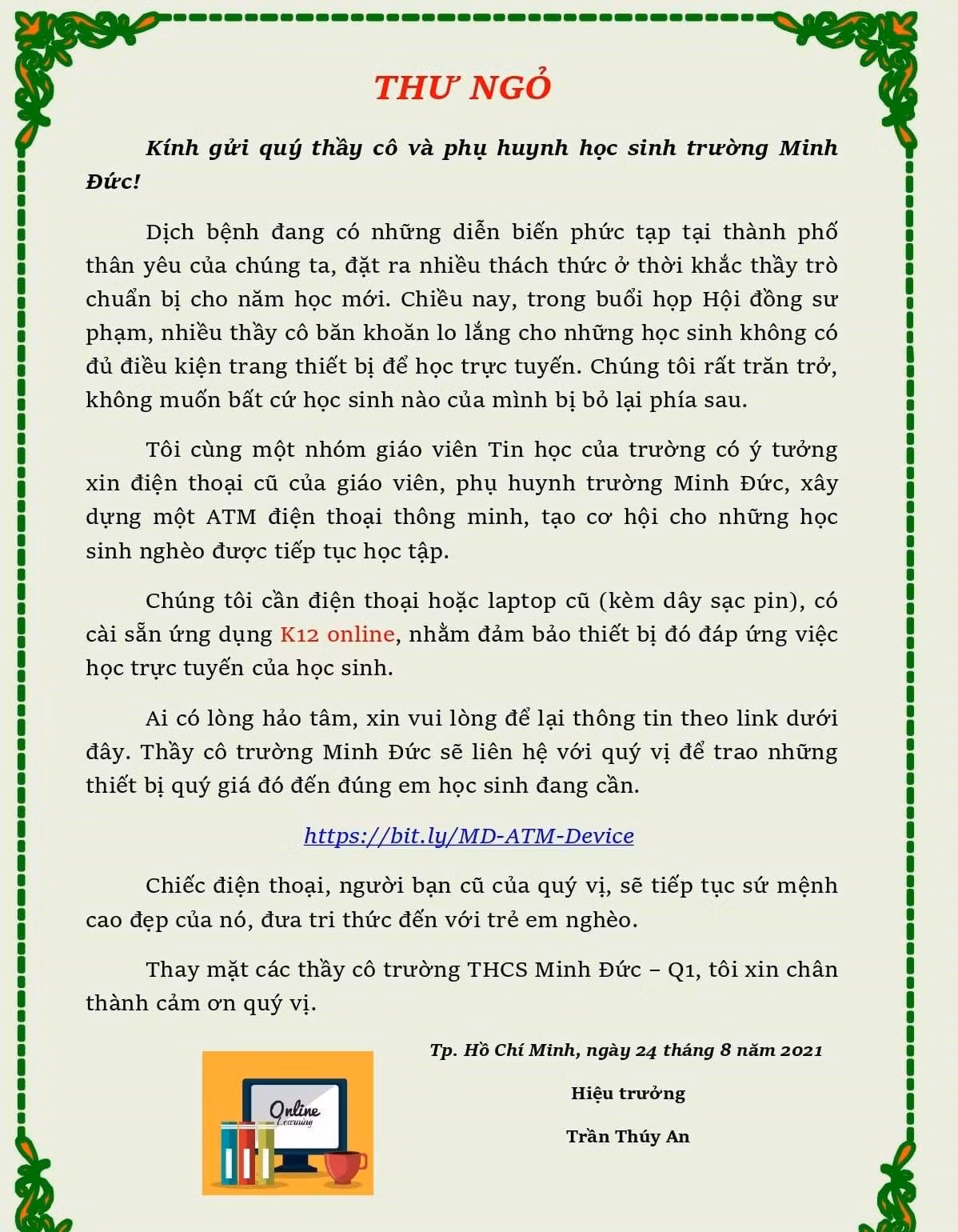 Thư ngỏ của trường trung học cơ sở Minh Đức, quận 1 (ảnh: P.N)
