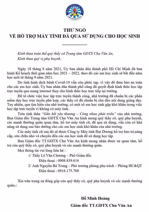 Thư ngỏ của Trung tâm Giáo dục thường xuyên Chu Văn An, quận 5 (ảnh: P.N)
