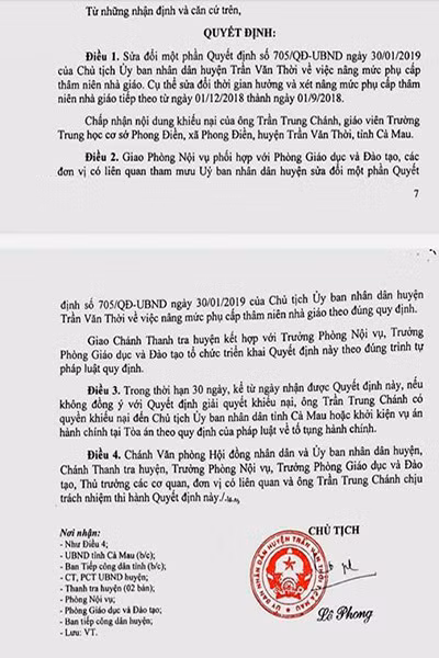 Trích quyết định 1203 của Chủ tịch Ủy ban nhân dân huyện Trần Văn Thời, tỉnh Cà Mau (ảnh: P.L)